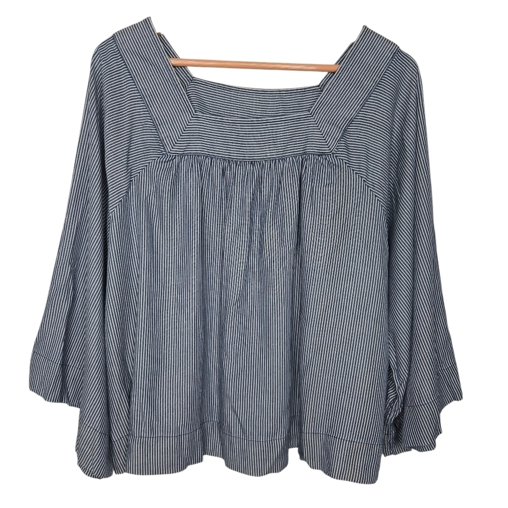 GAP Womens Navy Blue Striped Square Neck Flare Sleeve Lyocell Peasant Top Large